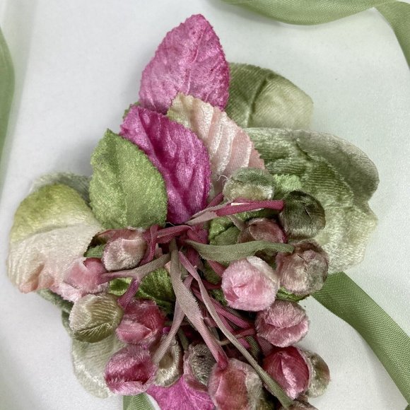 Vtg Louise Green Velvet Leafy Floral Headpiece w/ Ribbon Buds Whimsy Pink Green main image 3